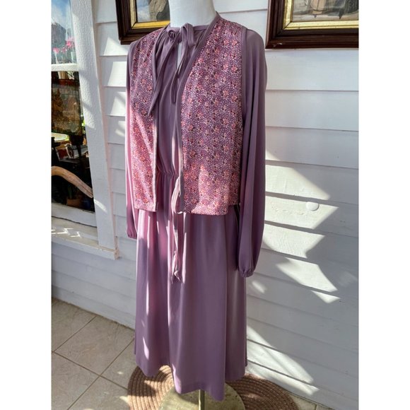 Vintage 1970s Sears Dress with Vest Mauve Poly knit Size 18 - Picture 13 of 16